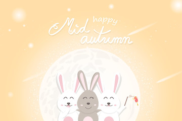 Happy mid autumn greeting card, full moon and stars on space, cute rabbit cartoon character poster invitation vector illustration