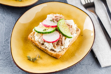 Delicious tuna sandwich, served with radish and cucumber
