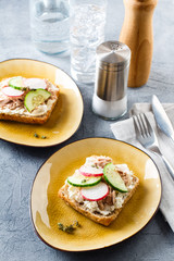 Delicious tuna sandwich, served with radish and cucumber