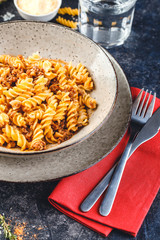 Fusilli pasta Bolognese