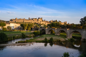 Obraz premium Carcassonne, France, on a summer evening, the Citadel known locally as La Cite, is the second most popular tourist destination in France. Designated UNESCO world heritage site.