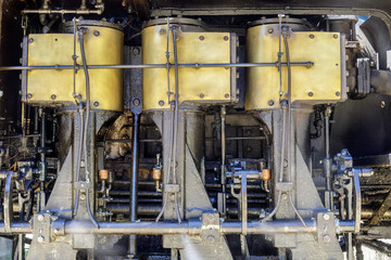 Engine of Shay locomotive used on Dixiana Shay Steam Train by Roaring Camp Railroads and Big Trees