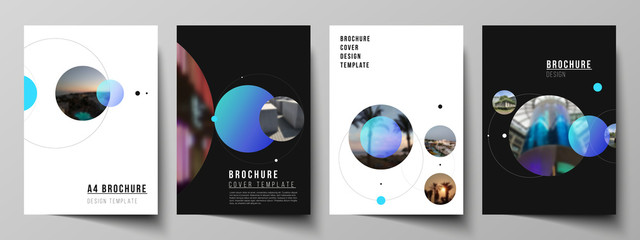 Vector layout of A4 format modern cover mockups design templates for brochure, flyer, booklet. Simple design futuristic concept. Creative background with circles that form planets and stars.