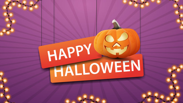 Happy Halloween, horizontal purple greeting postcard with fun pumplin Jack