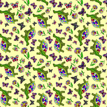 seamless pattern. vector illustration eps10 of cartoon turtle and butterflies, daisies. hand drawing. 