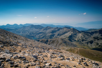 Path between Vihren hut and Vihren peak in Pirin national park, near Bansko, Bulgaria