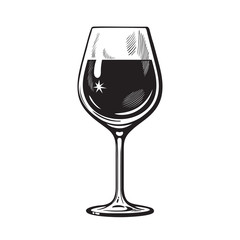 Glass of wine in vintage engraving style. Wineglass icon. Black and white vector illustration on white background.