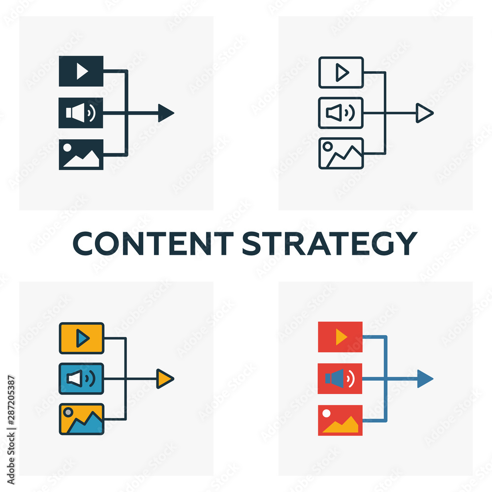 Poster content strategy icon set. four elements in diferent styles from content icons collection. creative 