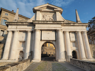 Obraz premium Bergamo, Italy. The old town. Landscape at the old gate Porta San Giacomo. Bergamo one of the beautiful city in Italy