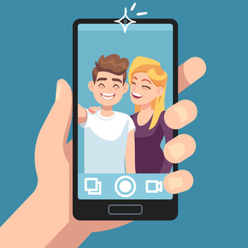 Couple selfie. Young friends make romantic selfie portrait with smartphone, man with woman take photo on camera vector concept