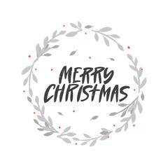 Merry Christmas vector brush lettering in floral wreath. Handwritten Christmas typography print for flyer, poster, card, banner. Hand drawn decorative design element.
