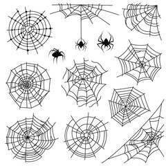 Cobweb. Halloween monochrome spiderweb and dangerous spider. Web silhouettes for creepy horror tattoo and decoration, vector set © YummyBuum