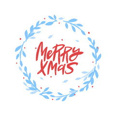 Merry Christmas vector brush lettering in floral wreath. Handwritten Christmas typography print for flyer, poster, card, banner. Hand drawn decorative design element.