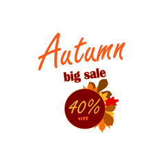 Vector icon - autumn sale up to 40%. Stylish flat design for sale sticker. Autumn sale banner with bright leaves.
