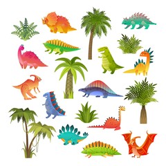 Baby dino set. Funny animal dragon and cute nature dinosaur drawing in jungle, cartoon vector collection