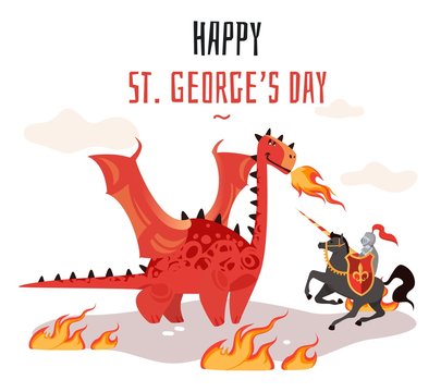 Georges day. Cartoon tradition happy saint george s green card with dragon and medieval tale legend knight vector illustration