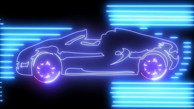 Noen speedy car on road with neon light. Travel, business and transportation concept, neon outline of sport automobile led line. 