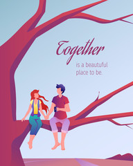 Romantic postcard design for Valentine's Day, Lovers, Spouses. Young couple sitting on a tree branch against the evening sky. Woman and man look at each other. Great for card, poster, banner, cover.