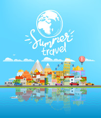 Summer travel illustration Landscape with different vehicles