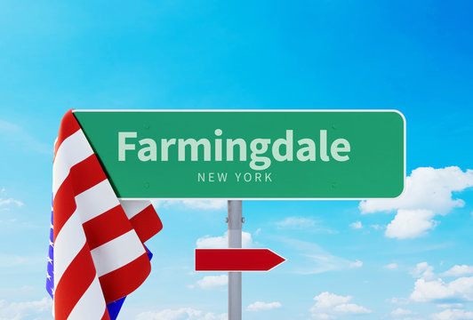 Farmingdale – New York. Road or Town Sign. Flag of the united states. Blue Sky. Red arrow shows the direction in the city. 3d rendering