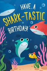 Obraz na płótnie Canvas Have shark-tastic birthday greeting card vector illustration. Joyful invitation to birth party of little child in marine underwater design flat style concept