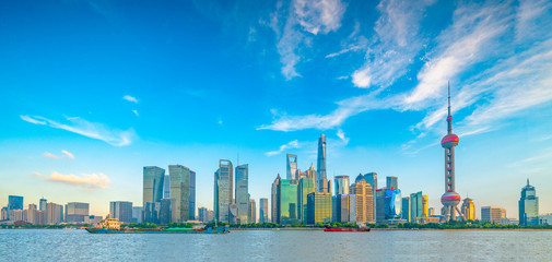 Fototapeta na wymiar The Bund and Lujiazui's Cityscape on the Huangpu River in Shanghai, China