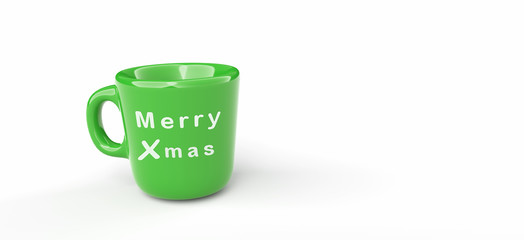 Merry Christmas, a mug with the word Xmas written, on isolated white background. 3d illustration