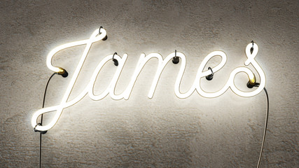 Bright whaite neon sign spelling the name James,