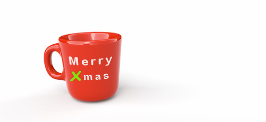 Merry Christmas, a mug with the word Xmas written, on isolated white background. 3d illustration