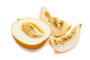 Ripe fresh cut melon on white background
