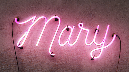 Bright pink neon sign spelling the name Mary