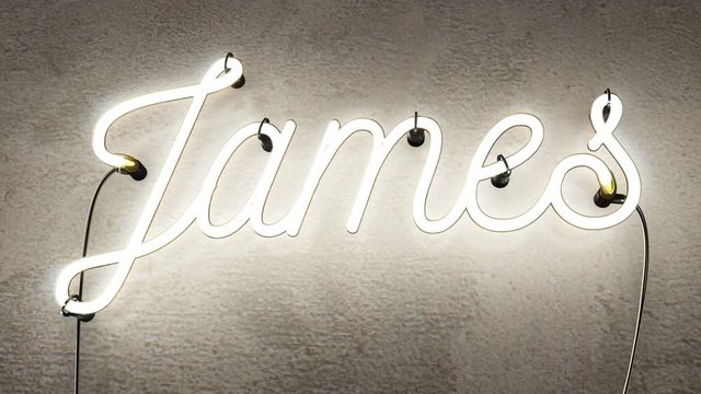 Neon sign spelling the name James, this realistic sign starts when the sign is off then it turns on with amazing flashing flickering effects, then after 30 seconds it flashes on and off can be looped