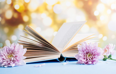 Opened old book with chrysanthemum flower on blurred bokeh background