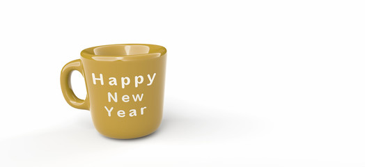 happy new year, a mug with written happy new year in isolated white background. 3d illustration