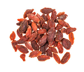 top view of pile of dried goji berries isolated