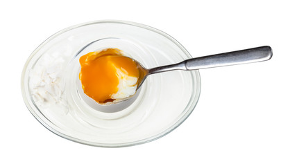 top view of eating of soft-boiled egg with spoon