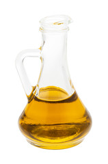glass jug with olive oil isolated on white