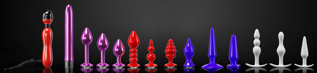 Large set of vibrators and sex toys for adults, 3d render, 3d illustration