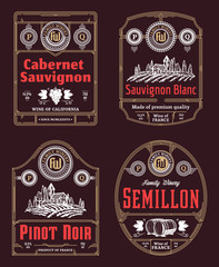 Vector vintage thin line style red and white wine labels