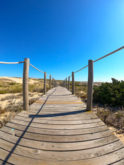 Wooden footpath through dunes in the Atlantic ocean coast. Guincho beach at sunset, Cascais Portugal