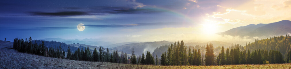 day and night time change in mountains with forest on meadow. beautiful autumn weather. clouds and fog rising above the hills with row of spruce trees with sun and moon on the sky