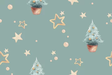 Behang Winter vrolijk kerstfeest naadloze natuur xmas patroon met kegels tak en kerstboom. Bloemen aquarel textuur achtergrond nieuwjaar bloemenelement voor stof, cadeaupapier, nieuwjaarsbehang © kris_art