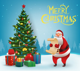 Santa Claus with Christmas tree. Merry Christmas and Happy New Year. Vector