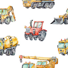Watercolor Background for Kids with with little toy Building Machines. Watercolor seamless pattern Trucks and Cars. Red tractor, Excavator, Digger machine, Concrete Mixer