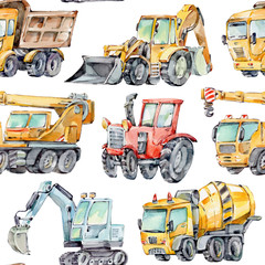 Watercolor seamless pattern with colorful little toy cars. Trucks and Cars Watercolor Background for Kids. Red tractor, Excavator, Digger machine, Building machines, Concrete Mixer.