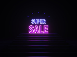 Neon super sale banner. Sign super sale in neon light on podium. Purple and blue glow. 3d...