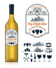 Vector vintage white wine label and wine bottle mockup. Winemaking business branding and identity icons and design elements