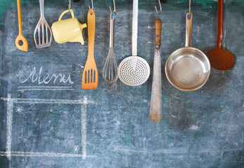 Kitchen utensils for commercial kitchen and menu template, restaurant,cooking, culinary concept.