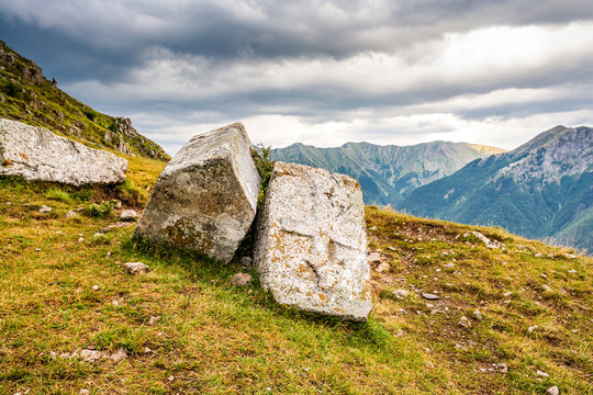 Old necropolis with stecci in Bosnian mountains in Lukomir village