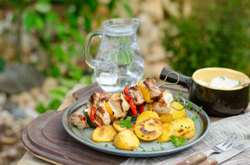 Outside grilling shish kebab